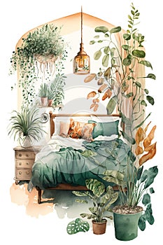 Botanical boho style bedroom, watercolour Painted, Illustration