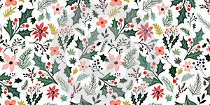 Botanical Christmas seamless pattern, wallpaper, winter design with holly leaves