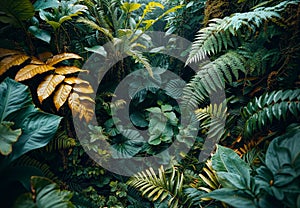 Botanical display showcasing a variety of tropical leaves creates a rich tapestry of colors and textures. Generative AI.