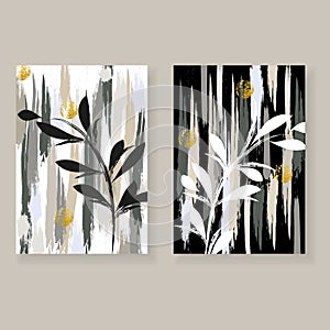 Botanical elegant set with black and white twigs on a striped grunge background.