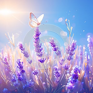 Botanical enchantment Purple lavender blooms with a delicate butterfly and bokeh