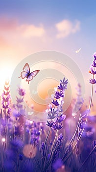 Botanical enchantment Purple lavender blooms with a delicate butterfly and bokeh