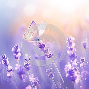 Botanical enchantment Purple lavender blooms with a delicate butterfly and bokeh