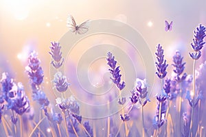 Botanical enchantment Purple lavender blooms with a delicate butterfly and bokeh