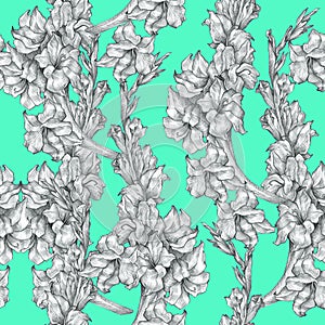 Botanical floral flower pencil drawing sketch seamless ornate pattern texture on bright blue background for invitations