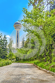 Botanical Garden and Atakule in background in the spring, Ankara, Turkey