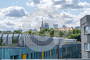 Botanical garden on the roof. Library of Warsaw University. Polish modern architecture. Green plants in summer