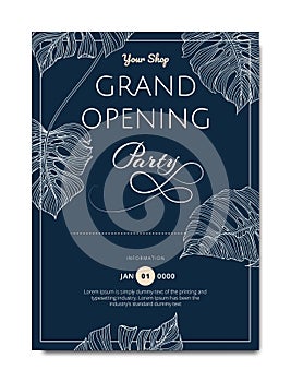 Botanical grand opening invitation card template design, line art ink drawing split-leaf Philodendron plant on dark blue