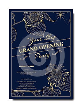 Botanical grand opening invitation card template design, yellow line art ink drawing sunflower with leaves on dark blue background