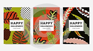 Botanical Halloween greeting card template design, Calathea fasciata, oak leaves and Croton