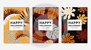 Botanical Halloween greeting card template design, palm leaves, Monstera deliciosa and Fatsia