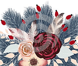 Botanical hand drawn christmas illustration with pine trees, cranberries, feathers, leaves, flowers, beige and pink burgundy roses