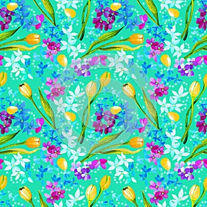 Botanical hand-painted multicolored spring pattern with yellow tulips on blue ba ckground