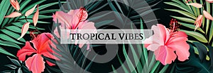 Botanical hibiscus and royal luxury palm exotic floral banner, wide horisontal background. Realistic vector advertising