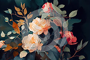 Botanical illustration as painting of gentle orange and red rose bush flowers