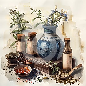 botanical illustration with chinese medicine plants 1