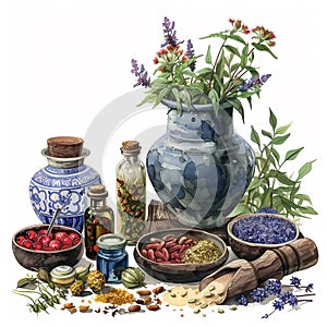 botanical illustration with chinese medicine plants 1