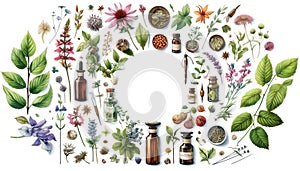 Botanical illustration of medicinal herbs and homeopathy bottles. Medicinal plants and natural remedy containers