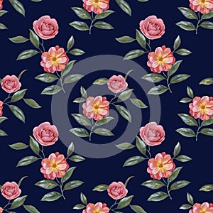Botanical illustration for print and print. wrapping paper with flowers. Watercolor seamless pattern on a blue background. Floral