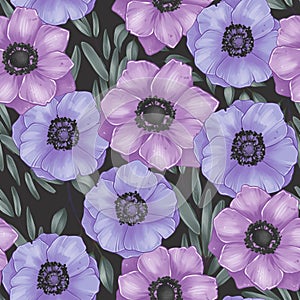 Botanical illustration, Purple Anemones and Leaves, Seamless Pattern, Stickers, Digital sketch, Raster illustration on Black