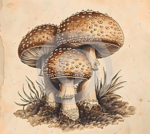 Botanical illustration of three agaricaceae mushrooms in natural landscape