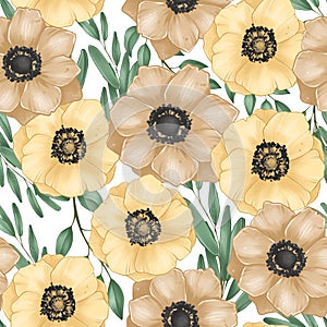 Botanical illustration, Yellow Anemones and Leaves, Seamless Pattern, Stickers, Digital sketch, Raster illustration on white