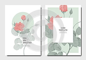 Botanical invitation card template design, red rose flowers with leaves on green and white, minimalist vintage style