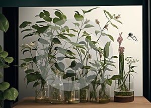 A botanical laboratory with detailed illustrations of plant specimens,