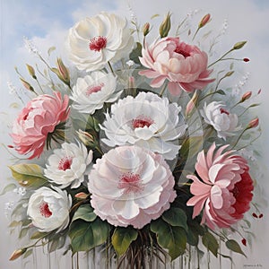 Botanical Melody: Realistic Oil Painting of Blooming Flowers in Soft Tones photo