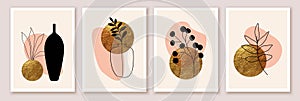 Botanical minimalist wall art composition. Autumn collage with leaves, plants, vases, abstract shapes. Golden circle.