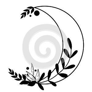 Botanical Moon vector illustration. Drawing of floral Luna with leaves. Hand drawn celestial Wreath. Round frame border