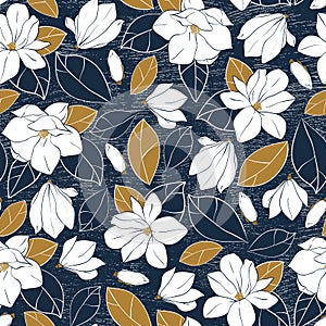 Botanical print with magnolia flowers,buds and leaves in deep blue and mustard colors on gritty background. Vector hand drawn illu