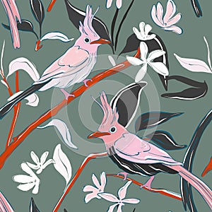 Botanical print with navy parrot and exotic leaves. Tropical birds pardise  pattern. Flowers and leaves foliage texture. Hawaiian