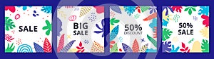 Botanical sale banner. Abstract spring flowers, summer exotic floral frames. Discount poster collage with tropical
