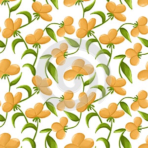 Botanical seamless pattern with abstract large orange flowers and leaves on a white background