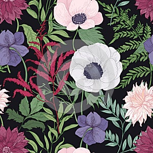 Botanical seamless pattern with blooming garden flowers on black background. Elegant floral backdrop with tender