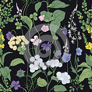 Botanical seamless pattern with blooming wild flowers and meadow flowering plants on black background. Floral backdrop