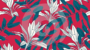 Botanical seamless pattern, blue leaves on red, blue and red tones