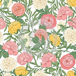 Botanical seamless pattern with gorgeous blooming tulips, peonies and ranunculus flowers on white background. Floral