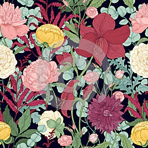 Botanical seamless pattern with gorgeous garden and wild floristic flowers and flowering herbs on black background photo