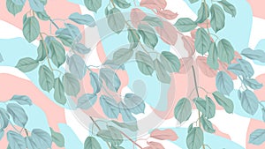 Botanical seamless pattern, green, blue and pink leaves with abstract shapes on white