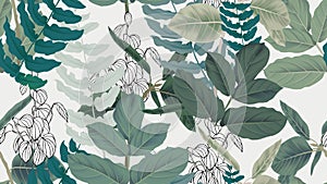 Botanical seamless pattern, green leaves on light gray