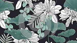 Botanical seamless pattern, green leaves and lotus leaves on dark blue