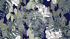 Botanical seamless pattern, green split-leaf Philodendron plant, Epipremnum aureum, fern and orchid on dark blue