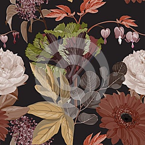 Botanical seamless pattern, hand drawn various plants and flowers in brown tone.