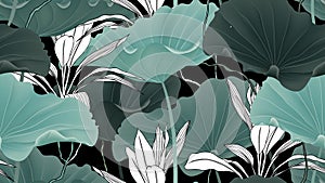 Botanical seamless pattern, lotus leaves, plants and vines on black