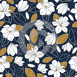 Botanical seamless pattern with magnolia flowers,buds and leaves in deep blue and mustard colors. Vector illustration.