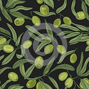 Botanical seamless pattern with olive tree branches, leaves, green fresh fruits or drupes on black background. Elegant