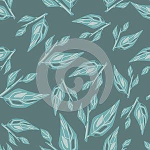 Botanical seamless pattern with random blue leaf ornament print. Grey background.
