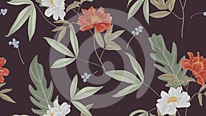 Botanical seamless pattern, red and white paenia lactiflora flowers and leaves on dark pink background